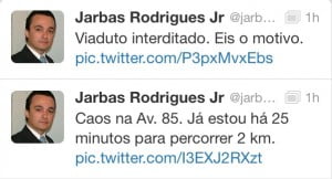 Postagens do colunista Jarbas Rodrigues no Twitter: caos na avenida 85