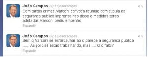 Tweets de João Campos em que ele comentar e questiona a atual situação da segurança pública em Goiás