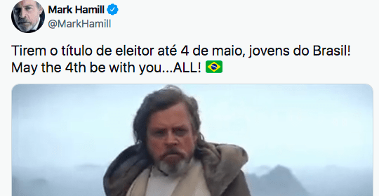 Mark Hamill faz campanha para que jovens do Brasil tirem título de eleitor